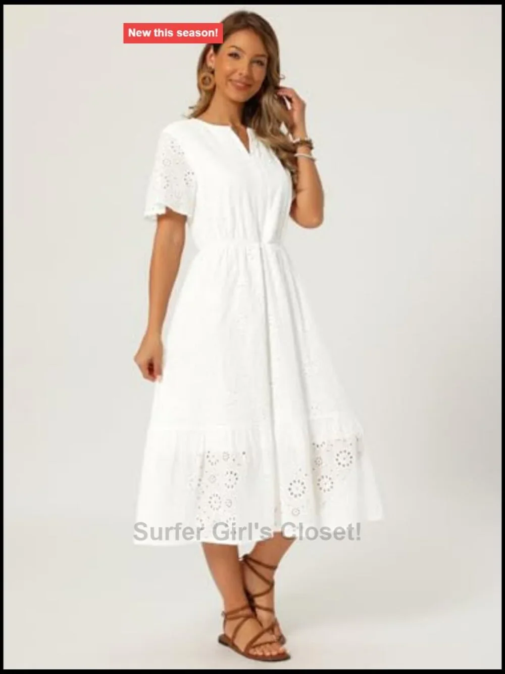 Women's Eyelet Lace Midi Sundress Short Sleeve A-Line Flowy Beach Dress